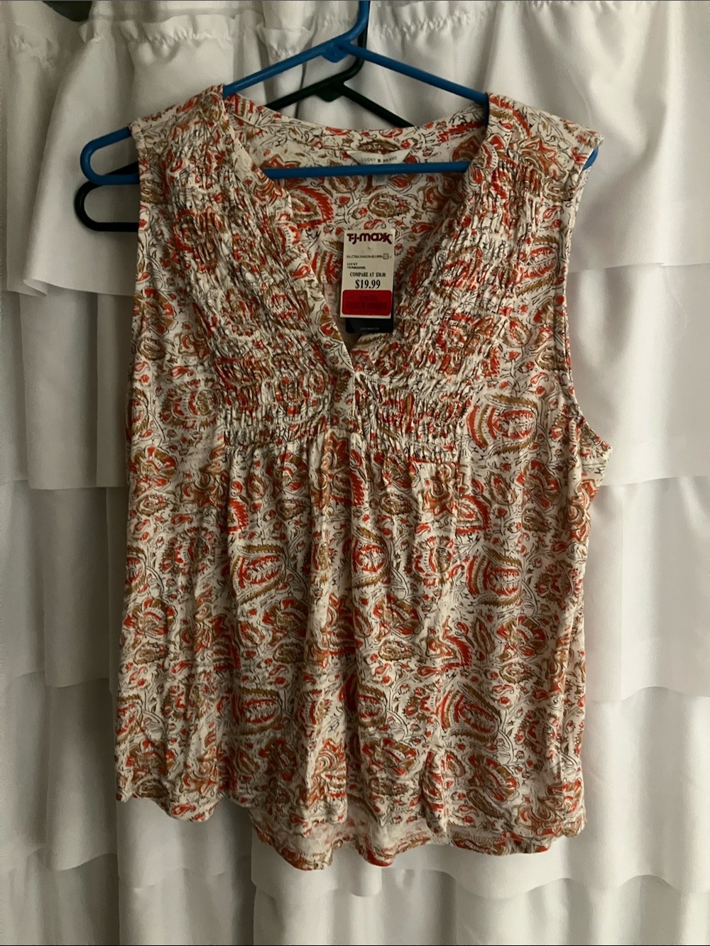 Women Tops Sleeveless Paisley Smocked V-Neck Tank - Orange/Cream